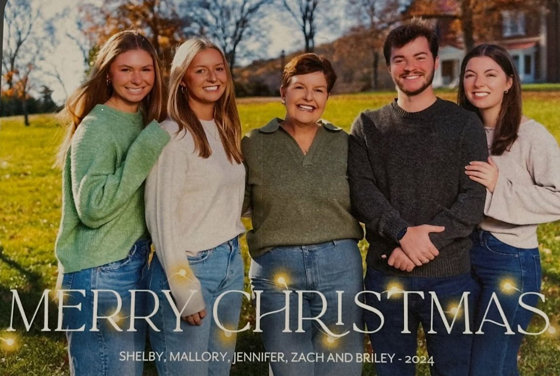 Kraus family Christmas card — Shelby, Mallory, Jennifer, Zach and Briley, 2024